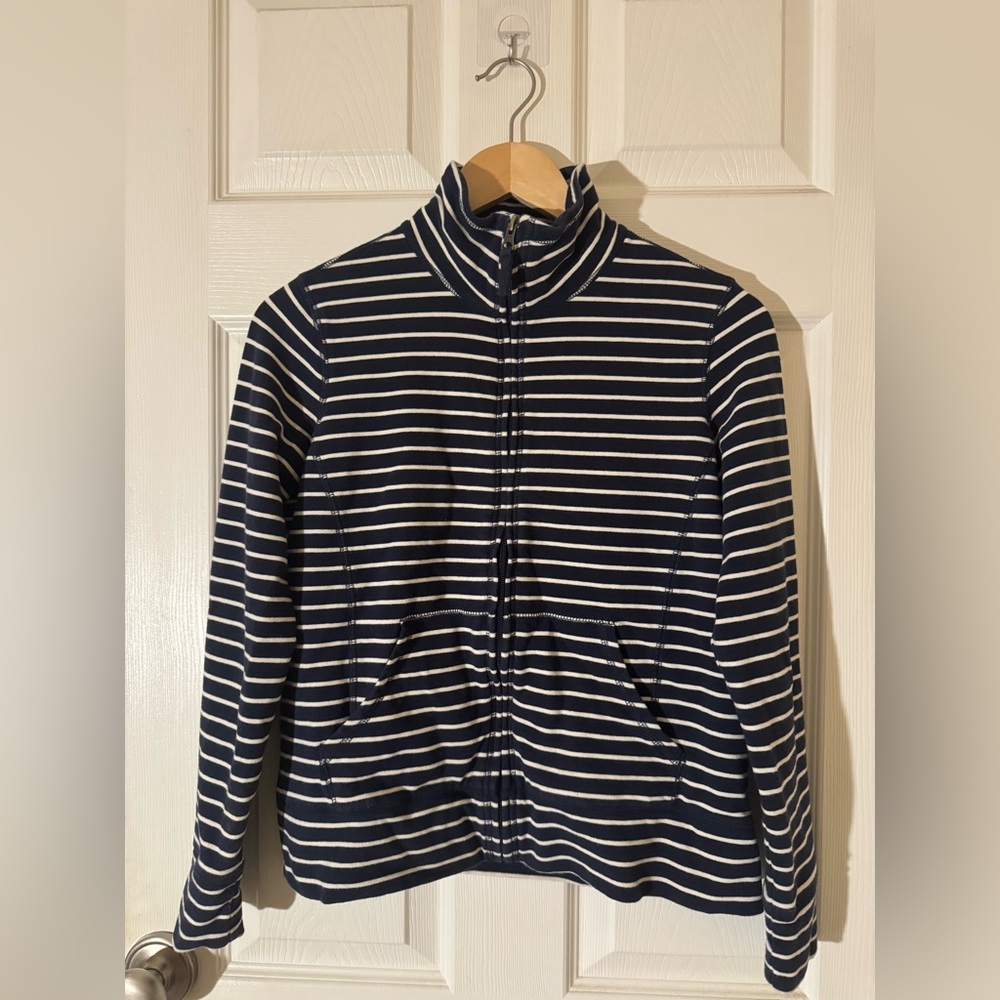 L.L. Bean Blue and White Striped Cotton Stretch Zip Up Casual Jacket Petite